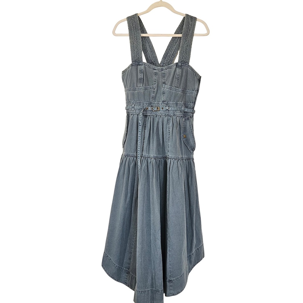 Ulla Johnson Enzo Denim Dress Blue Cotton Tiered Midi Sweetheart Neck Size 4 - Picture 4 of 15